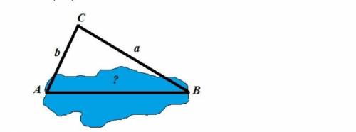 Определите длину озера (рис. 4.1.) по таким данным: ∠С=48°; b=56,7м; a=129м.