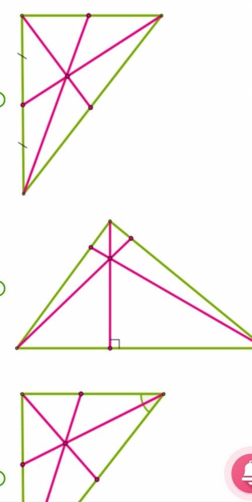 Три відрізки перетинаються в одній точці. Віднайди рисунок, на якому зображені медіани трикутника