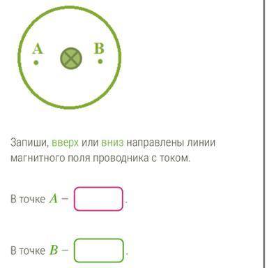 Определи направление линий магнитного поля для прямого проводника с током в точках А и В