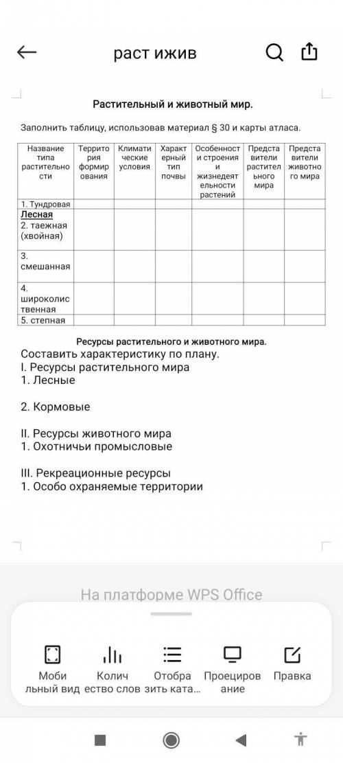 Таблица по Географии Растительный и животный мир России