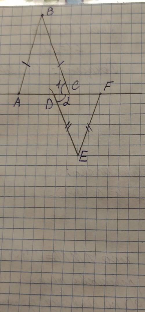 Дано: треугольник ABC (ab=bc) треугольник DEF (DE=EF) угол 1 = углу 2 доказать
