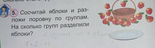 Сосчитай яблоки и раз- ложи поровну по группам. На сколько групп разделили яблоки?