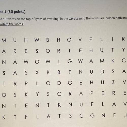 Find 10 words on the topic Types of dwelling in the wordsearch. The words are hidden horizontally a