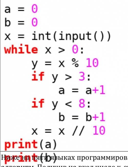Ниже записана программа. Получив на вход число x , эта программа печатает два числа, a и b. Укажите