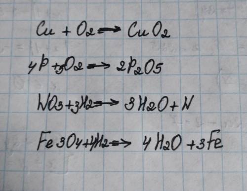 Закончите уравнение реакций и расставьте коэффициенты…: Cu+O2= P+O2= WO3+H2= Fe3O4+H2=