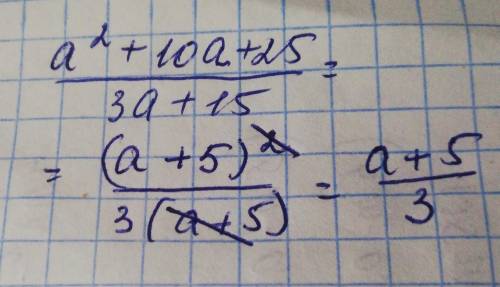на множители числитель и знаменатель дроби и сократить её: a^2+10a+25/3a+15