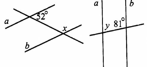 Найдите величины углов х и у, пользуясь рисунками, если прямые a и b параллельны.