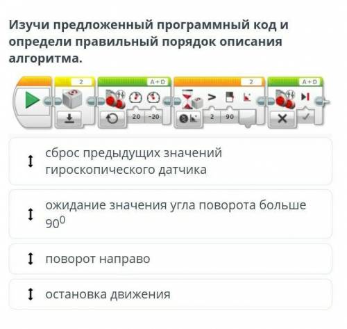 Изучи предложенный программный код и определи правильный порядок описания алгоритма. 2 A + D 2 20 -2