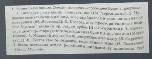 Коментоване письмо. Списати, вставляючи пропущені букви в префіксах. 1. Виходять з лісу два пр. земк