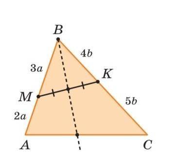 На сторонах AB и BC треугольника ABC взяты точки M и K, так что AM:MB=2:3, BK :KC=4:5. ﻿Через середи