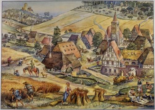 ОТ Опишите жизнь средневековой деревни, используя приведённую иллюстрацию. Сформулируйте не менее тр