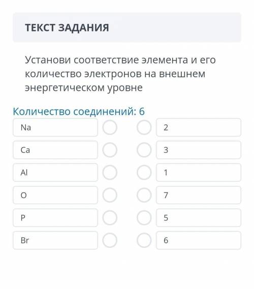 Установи соответствие элемента и его количество электронов на внешнем энергетическом уровне