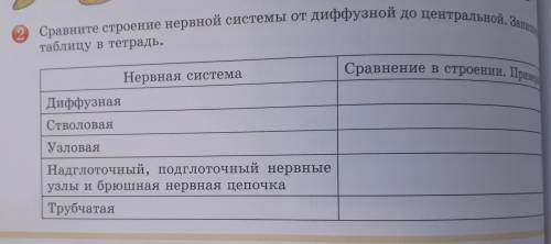 2) Сравните строение нервной системы от диффузной до центральной. Запишите Нервная система Сравнение