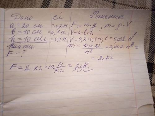 .С какой силой вода действует на дно сосуда длиной 20 см, шириной 10 см, высотой 10см? 1) 1000 Па 2)
