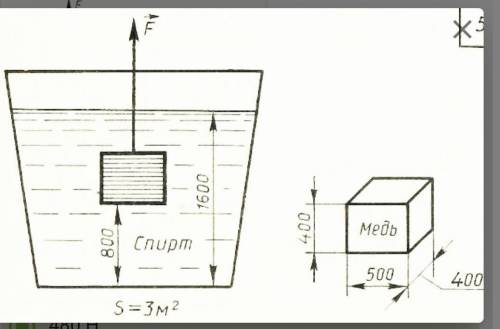 Определите силу, действующую на тело сверху. Плотность спирта 800 кг/м3. Все величины на рисунке ука