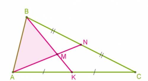 В треугольнике ABC проведённые медианы AN и BK пересекаются в точке М. Определи площадь треугольника