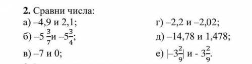 Сравни числа: а) –4,9 и 2,1; г) –2,2 и –2,02; б) –5 3 7 и –5 3 4 ; д) –14,78 и 1,478; в) –7 и 0; е) 