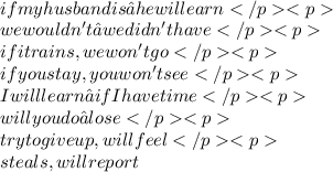 \\ if my husband is… he will earn \\ we wouldn't… we didn't have \\ if it rains, we won't go \\ if you stay, you won't see \\ I will learn… if I have time \\ will you do… lose \\ try to give up, will feel \\ steals, will report