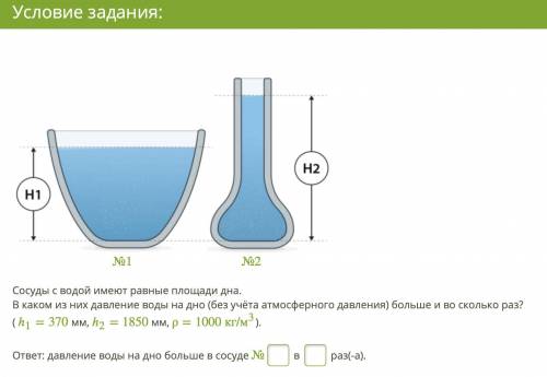 Условие задания: 12 Б. №1 №2 Сосуды с водой имеют равные площади дна. В каком из них давление воды н