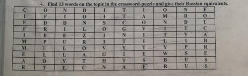 Find 13 words on the topic in the crossword-puzzle and give their Russian equivalents.
