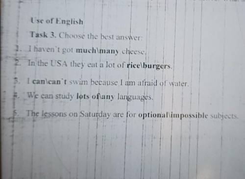 Use of English Task 3. Choose the best answer: 1. I haven't got much\many cheese, 2. In the USA they