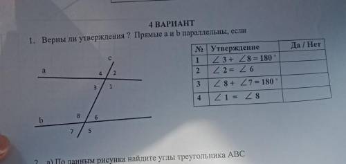 azi 4 ВАРИАНТ 1. Верны ли утверждения ? Прямые а и b параллельны, если Да / Нет с No Утверждение 1 Z