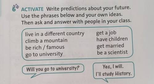 ACTIVATE Write predictions about your future. Use the phrases below and your own ideas. Then ask and