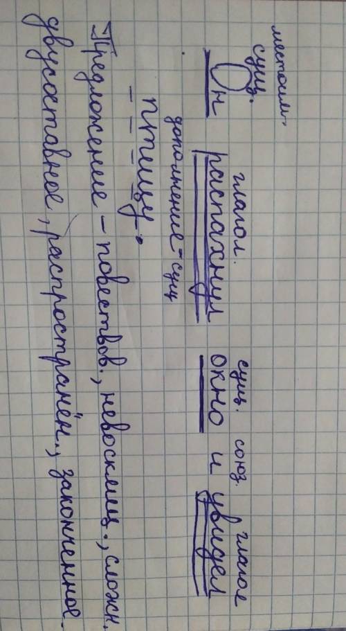 Синтаксический разбор предложения Он распахнул окно и увидел птицу