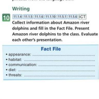 Writing 10 1114 111.5 11.16 11.1.10 11.5.1 11.5.6 ICT Collect information about Amazon river dolphin