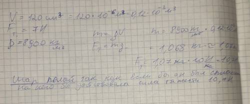 Задание 1 ( ). На медный шар объёмом 120 см действует сила тяжести 7 H. Сплошной этот шар или имеет