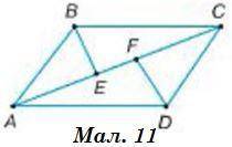 На Мал. 11 АВ = CD, AD = BC, BE і DF – бісектриси кутів В і D. а) знайдіть кут ВАС, якщо ACD = 35°. 