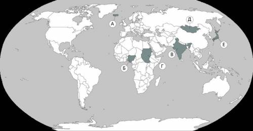 Выберите на карте три страны, которые имеют наибольшую численность населения. Укажите буквы.