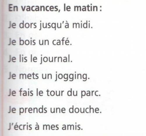 En vacances, le matin : Je dors jusqu'à midi. Je bois un café. Je lis le journal. Je fais le tour du