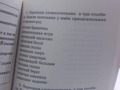 2. Перепиши словосочетания в три столбика. Выдели окончания у имён прилагательных и определи род. Жг