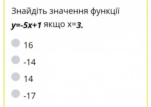 Знайдіть значення функції у=-5х+1, якщо х=3.