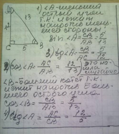 Стороны прямоугольного треугольника равны 5см 12 см и 13см. Найдите: 1)синус меньшего острого угла т