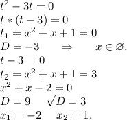 t^2-3t=0\\t*(t-3)=0\\t_1=x^2+x+1=0\\D=-3 \ \ \ \ \ \Rightarrow\ \ \ \ \ x\in\varnothing.\\t-3=0\\t_2=x^2+x+1=3\\x^2+x-2=0\\D=9\ \ \ \ \sqrt{D}=3\\ x_1=-2\ \ \ \ x_2=1.