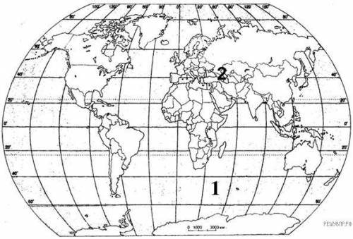 Точка 1 - 50° ю. ш.; 45 в.д., точка 2 - 40 с. ш., 45° в.д.