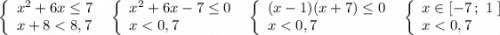 \left\{\begin{array}{l}x^2+6x\leq 7\\x+8 < 8,7\end{array}\right\ \ \left\{\begin{array}{l}x^2+6x-7\leq 0\\x < 0,7\end{array}\right\ \ \left\{\begin{array}{l}(x-1)(x+7)\leq 0\\x < 0,7\end{array}\right\ \ \left\{\begin{array}{l}x\in [-7\, ;\ 1\ ]\\x < 0,7\end{array}\right