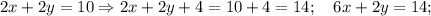 2x+2y=10 \Rightarrow 2x+2y+4=10+4=14; \quad 6x+2y=14;