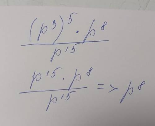 Упрости выражение (p^3)^5×p^8/p^15