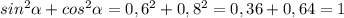 sin^{2}\alpha + cos^{2}\alpha = 0,6^{2} +0,8^{2}= 0,36 + 0,64= 1