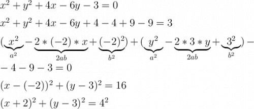 \Large \boldsymbol {} x^2+y^2+4x-6y-3=0 x^2+y^2+4x-6y+4-4+9-9=3(\underset{a^2}{\underbrace{x^2}}-\underset{2ab}{\underbrace{2*(-2)*x}}+\underset{b^2}{\underbrace{(-2)^2}})+(\underset{a^2}{\underbrace{y^2}}-\underset{2ab}{\underbrace{2*3*y}}+\underset{b^2}{\underbrace{3^2}})--4-9-3=0(x-(-2))^2+(y-3)^2=16(x+2)^2+(y-3)^2=4^2