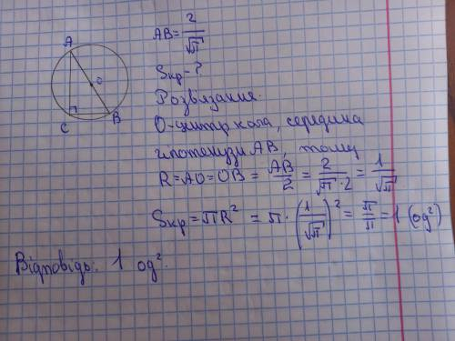 Довжина гіпотенузи прямокутного трикутника дорівнює 2/корень П. Обчислити площу круга, описаного нав