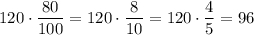 120 \cdot \dfrac{80}{100}=120 \cdot \dfrac{8}{10}=120 \cdot \dfrac{4}{5}=96