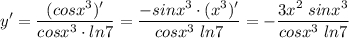 \displaystyle y'=\frac{(cosx^3)'}{cosx^3\cdot ln7} =\frac{-sinx^3\cdot (x^3)'}{cosx^3\;ln7} =-\frac{3x^2\;sinx^3}{cosx^3\;ln7}