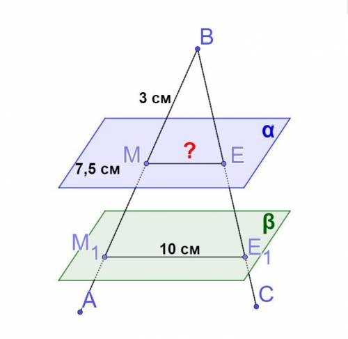 До іть будьласка зробити Задача: Дві паралельні площини перетинають сторону ВА кута АВС у точках М і